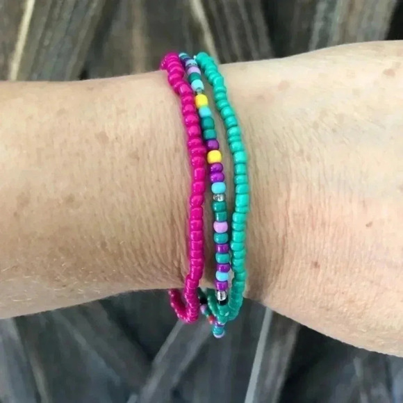Magenta, Green, Multicolor Seed Bead Beaded Stretch 3 Pcs Bracelets - Picture 1 of 3